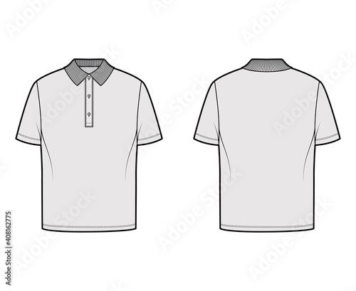 Shirt polo technical fashion illustration with short sleeves, tunic length, henley neck, oversized, flat knit collar. Apparel top outwear template front, back, grey color. Women men unisex CAD mockup