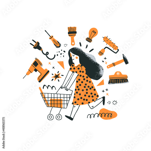 DIY store concept. Woman running with her shopping cart. Vector illustration of tools for home renovation in a flat and hand drawn style. Perfect for hardware store poster, banner or flyer