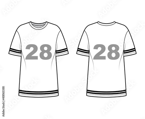 T-shirt American football technical fashion illustration with raglan short sleeves, tunic length, crew neck, oversized. Flat top outwear template front, back, white color. Women men unisex CAD mockup