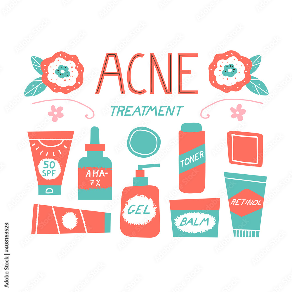 Acne treatment concept. Skincare and cosmetics elements. Toner, retinoids, serum, cleanser, acid and sunscreen. Dermatology and self care. Vector illustration in a doodle hand drawn style