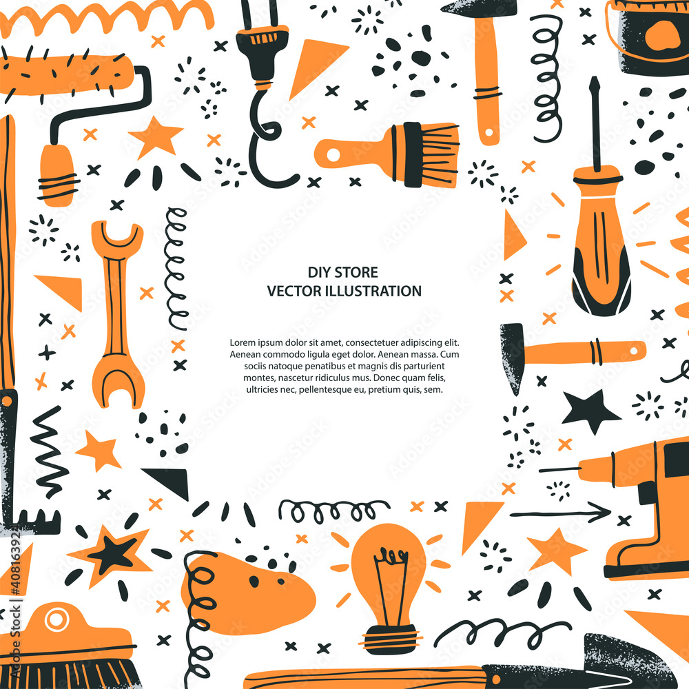DIY store concept. Flyer or card template. Vector illustration of tools ...