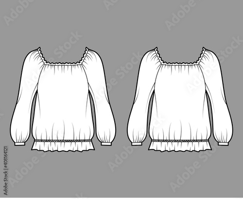 Peasant blouse technical fashion illustration with bouffant long sleeves, gathered wide scoop and hem, oversized. Flat shirt apparel top template front, back, white color. Women men unisex CAD mockup