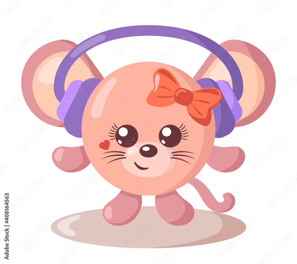 Funny cute kawaii mouse with headphones and round body in flat design with shadows. Isolated animal vector illustration	