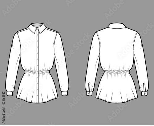 Shirt drawstring gathered waist technical fashion illustration with long sleeves, tunic length, classic collar. Flat apparel top outwear template front, back, white color. Women men unisex CAD mockup