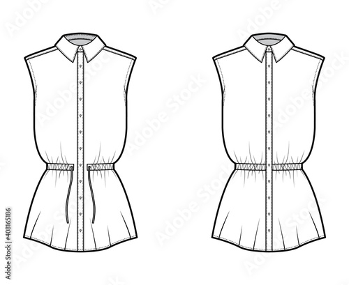 Set of Shirt drawstring gathered waist technical fashion illustration with sleeveless, tunic length, classic collar. Flat apparel top outwear template front, white color. Women men unisex CAD mockup