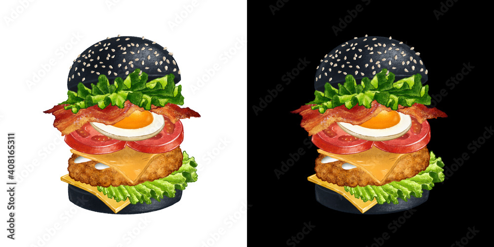 Big Delicious Burger hand drawn illustration isolated on white and black background. Tasty Hamburger icon for street fast food restaurant menu design