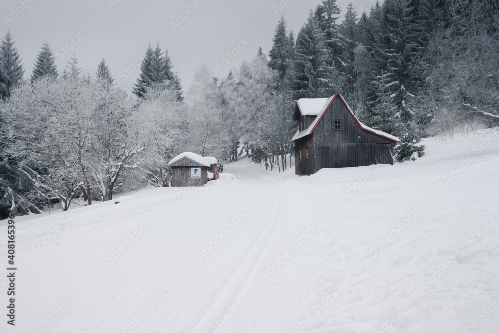 Une maison et une grange en bois dans la neige à la montagne avec la forêt enneigée en arrière-plan. Une maison et une grange en bois dans la neige à la montagne avec la forêt enneigée en arrière-plan.