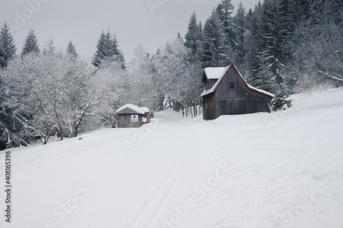 Une maison et une grange en bois dans la neige à la montagne avec la forêt enneigée en arrière-plan.