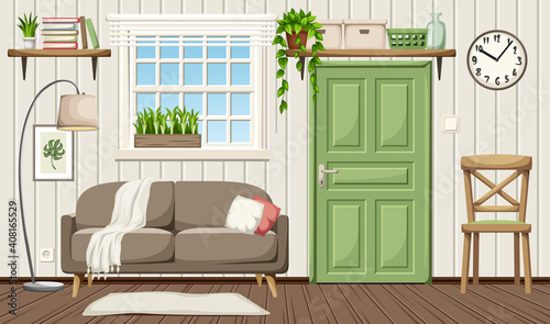 Vector cozy living room interior with a sofa, a chair, floor lamp and houseplants.