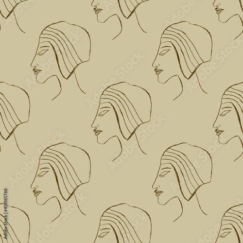 Seamless repeating pattern with heads of ancient Egyptian pharaoh Akhenaton. Hand drawn linear silhouettes.