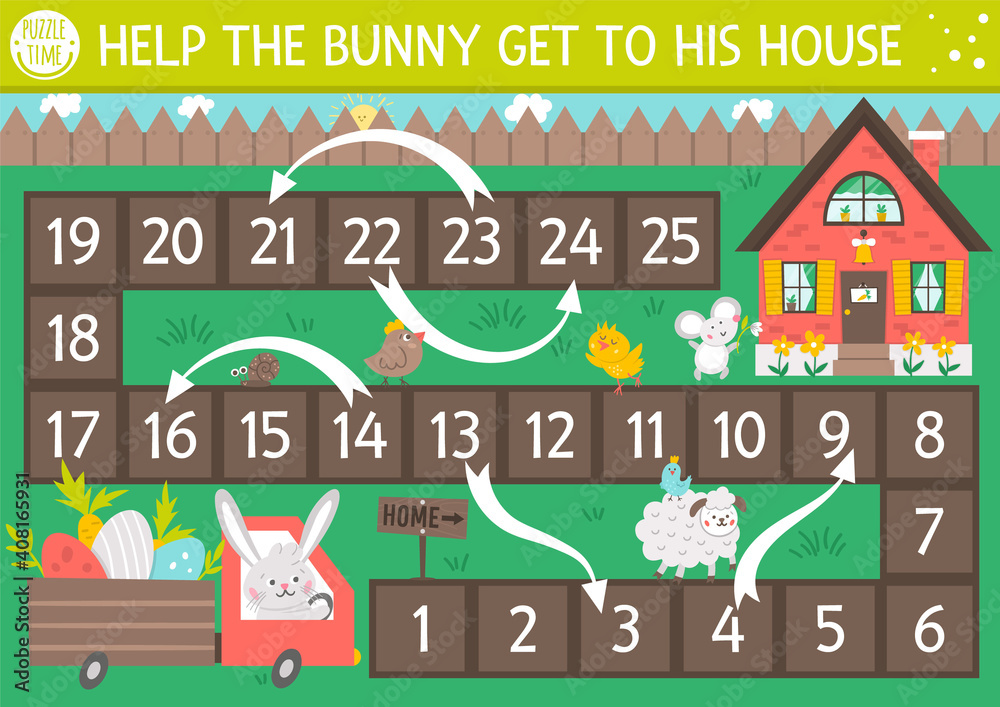 Fototapeta premium Easter dice board game for children with cute bunny in the truck with eggs driving to his house. Educational holiday boardgame. Spring educational activity. Printable worksheet .