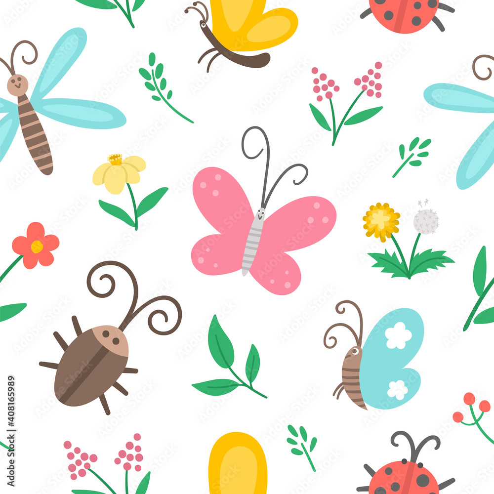 Vector flat insect and first flower seamless pattern. Funny spring garden repeating background. Cute ladybug, butterfly, beetle, dandelion digital paper for kids. Bugs and plants texture.