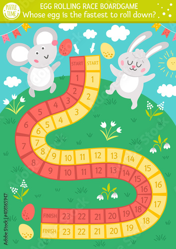 Easter egg rolling race board game for children with cute bunny and mouse. Educational holiday dice boardgame with colored eggs. Traditional spring educational activity. Printable worksheet .