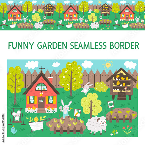 Vector seamless pattern brush with cute garden scene and animals. Spring scenery repeating border background with funny bunny, cottage, sheep, mouse, chicks gardening. Cute Easter texture .