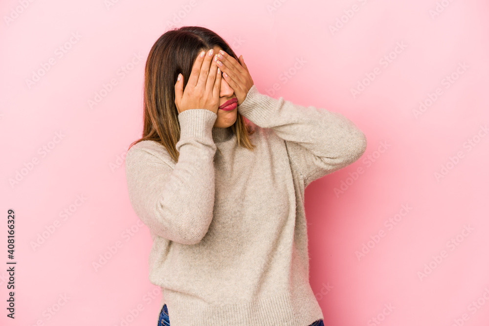 Young indian woman isolated on pink background afraid covering eyes with hands. Young indian woman isolated on pink background afraid covering eyes with hands.