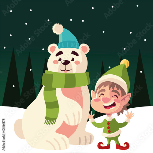 merry christmas cute helper and polar bear with scarf winter scenery