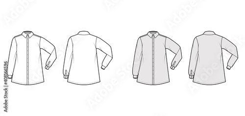 Shirt trapeze technical fashion illustration with elbow folded long sleeves, regular collar, oversized. Flat apparel top template front, back, white, grey color. Women men unisex blouse CAD mockup