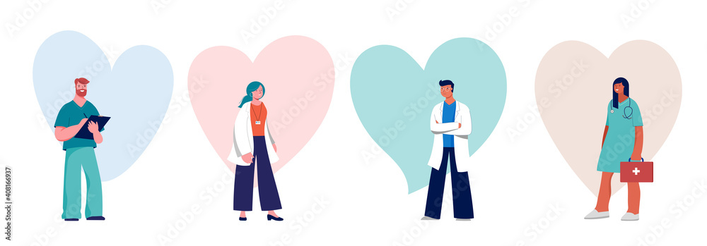 Doctors and nurses concept design - group of medical professionals on a heart background Doctors and nurses concept design - group of medical professionals on a heart background