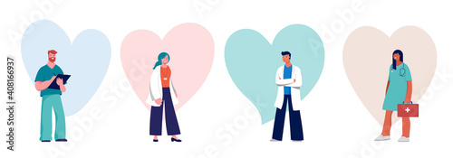 Doctors and nurses concept design - group of medical professionals on a heart background