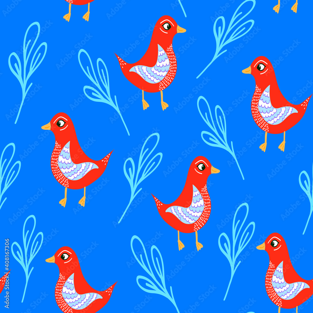Naklejka premium Seamless pattern with bright red birds on blue background,abstract hand drawn birds in doodle style,illustration for wallpaper,wrapping, cover design,print on textile and fabric,colorful background