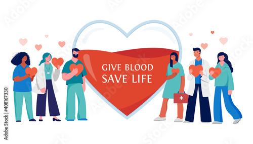Blood donation concept design - group of medical professionals on a red heart background