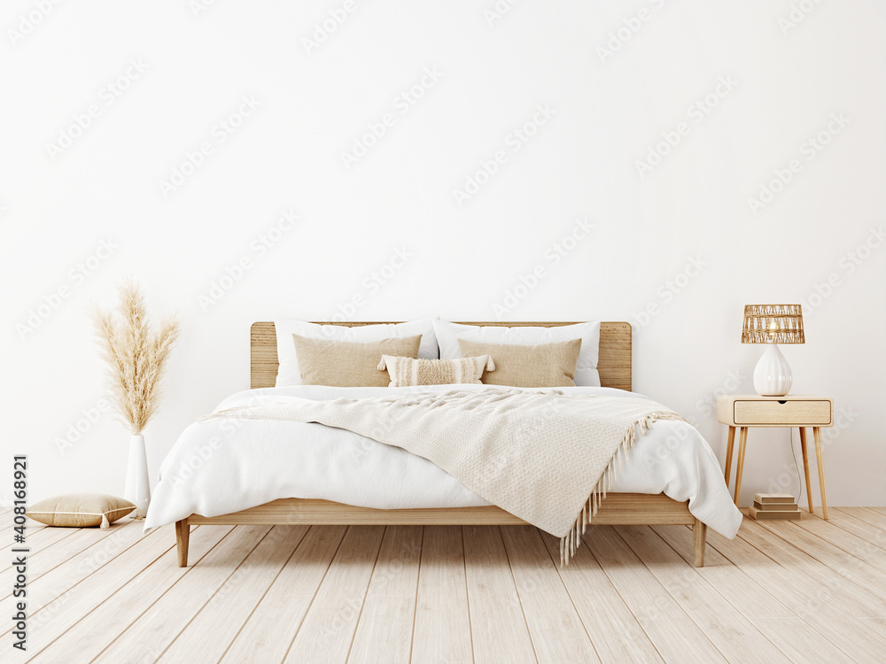 Bedroom interior mockup in boho style with wooden bed, fringed beige blanket, linen cushion with tassels, dried pampas grass and basket lamp on empty white background. 3d rendering, 3d illustration