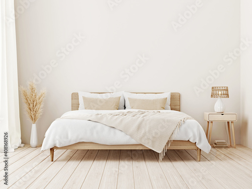 Bedroom interior mockup in boho style with fringed blanket, cushion with tassels, linen bedding, dried pampas grass, basket lamp and curtain on empty beige background. 3d rendering, 3d illustration photo