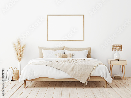 Horizontal frame mockup in boho bedroom interior with wooden bed, beige fringed blanket, cushion with tassels, dried pampas grass, basket and wicker lamp on white wall. 3d rendering, 3d illustration photo