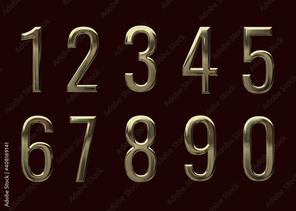 Set of 3D numbers 0-9 with metallic gold texture isolated on red background Set of 3D numbers 0-9 with metallic gold texture isolated on red background