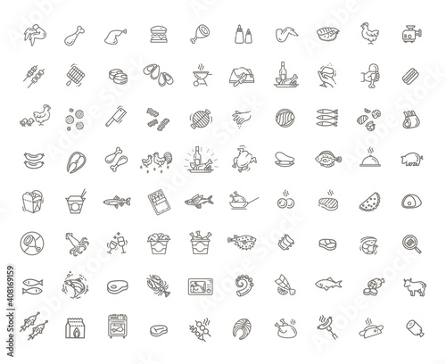 Meat, poultry, fish and seafood - minimal thin line web icon set
