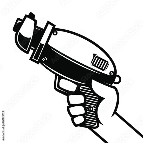 hand mit futuristischer strahlenpistole