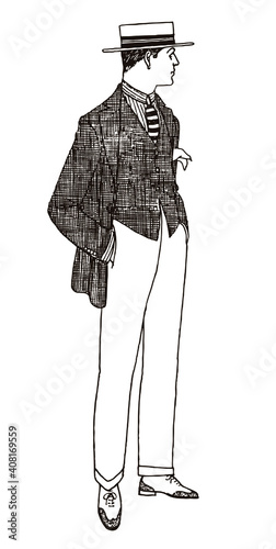 Young man from the 20s in summer clothes with hands in his pockets, wearing boater hat, linen jacket and vest and looking to the side