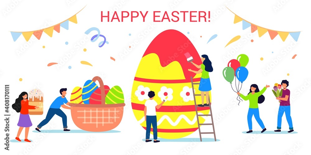 Happy Easter greeting card Vector illustration of tiny family people painting egg together for special spring holiday event in flat cartoon style