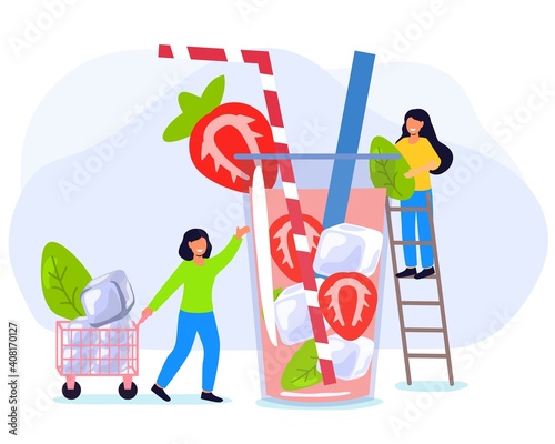 Refreshing drink with ice orange, blackberry and blueberry Summer vector illustration Hot season elements flat tiny persons concept Glass with Strawberry ice cubes in juice water