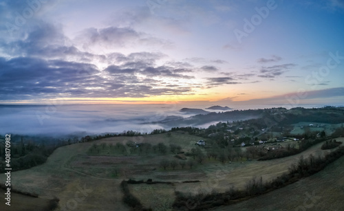 Ayen  Corr  ze  France  - Vue panoramique a  rienne du lever de soleil depuis le Puy d Ayen