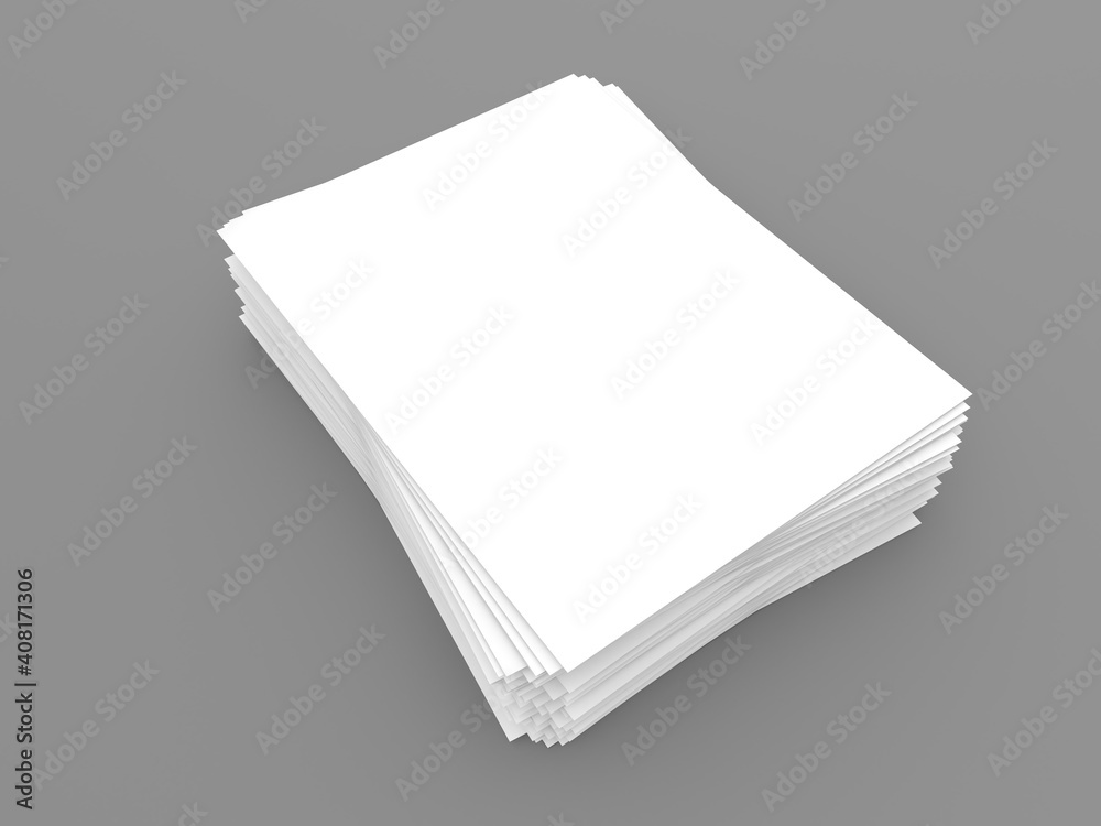 Stack of blank A4 white paper template sheets on gray background. 3d render illustration. Stack of blank A4 white paper template sheets on gray background. 3d render illustration.