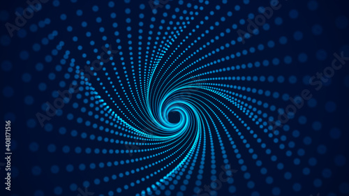 Blue swirling geometric tunnel. Twisted wireframe wormhole.