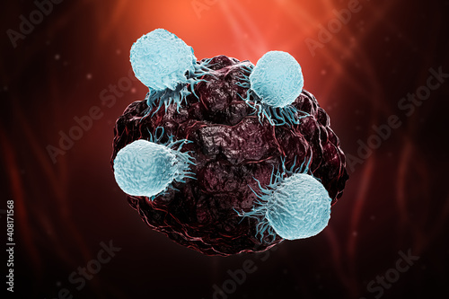White blood cells or T lymphocytes or natural killer T attack a cancer or tumor or infected cell 3D rendering illustration. Oncology, immune system, biomedical, medicine, science, biology concepts. photo