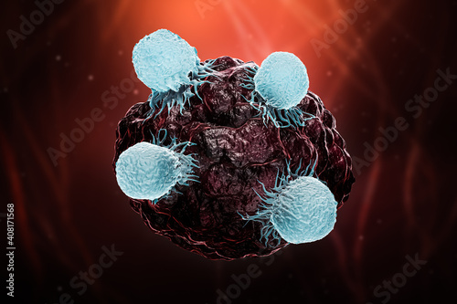 Foto White blood cells or T lymphocytes or natural killer T attack a cancer or tumor or infected cell 3D rendering illustration