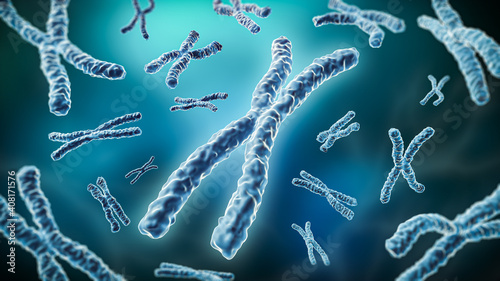 Photos Pair of chromosomes on a blue background 3D rendering illustration