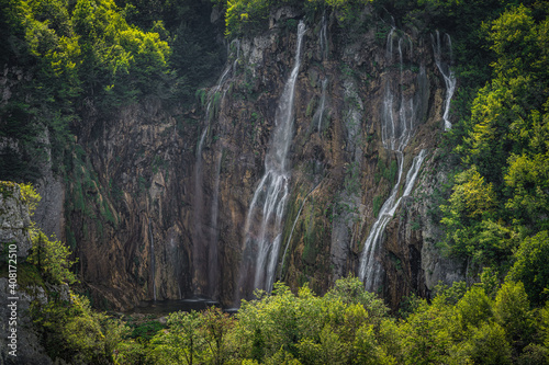 Closeup on Veliki Slap, the Great and tallest waterfall in Plitvicka Jezera. Plitvice Lakes National Park UNESCO World Heritage, Croatia