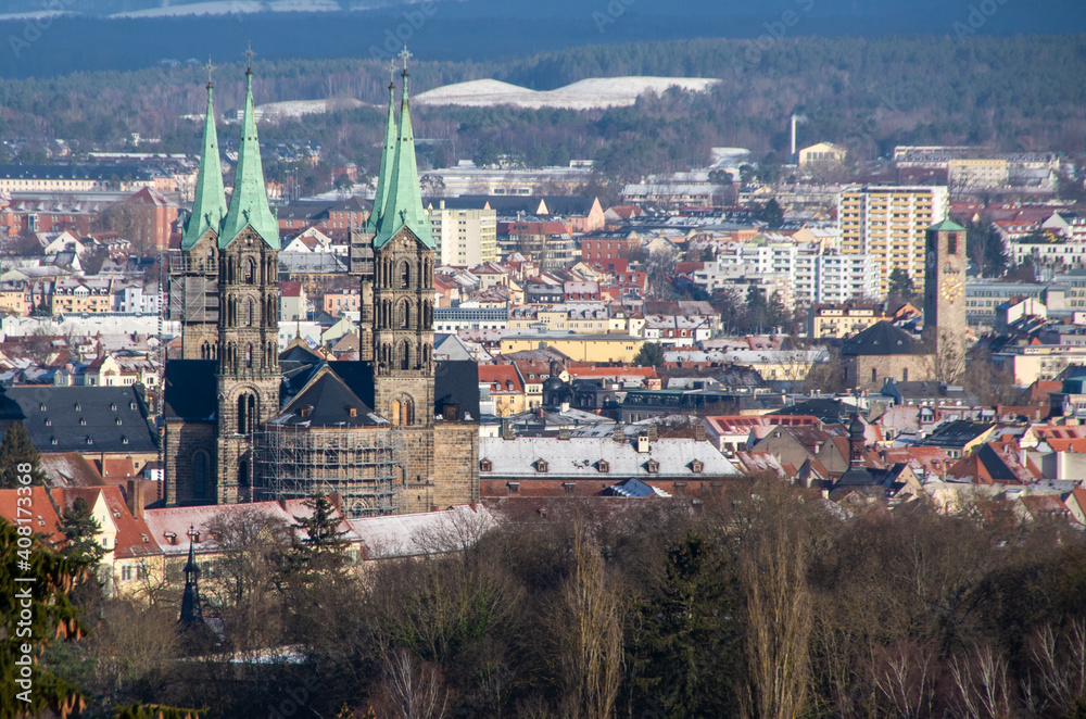 Skyline of world heritage city of Bamberg with the famous Cathedral in the foreground on a sunny winter day