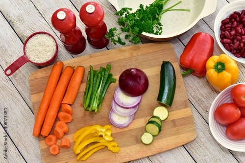 Chopped fresh vegetarian ingredients for making hearty healthy winter soups, stews and chilis