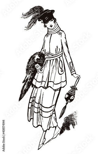 Elegant woman from the 20s holding a fox fur stole and a handbag