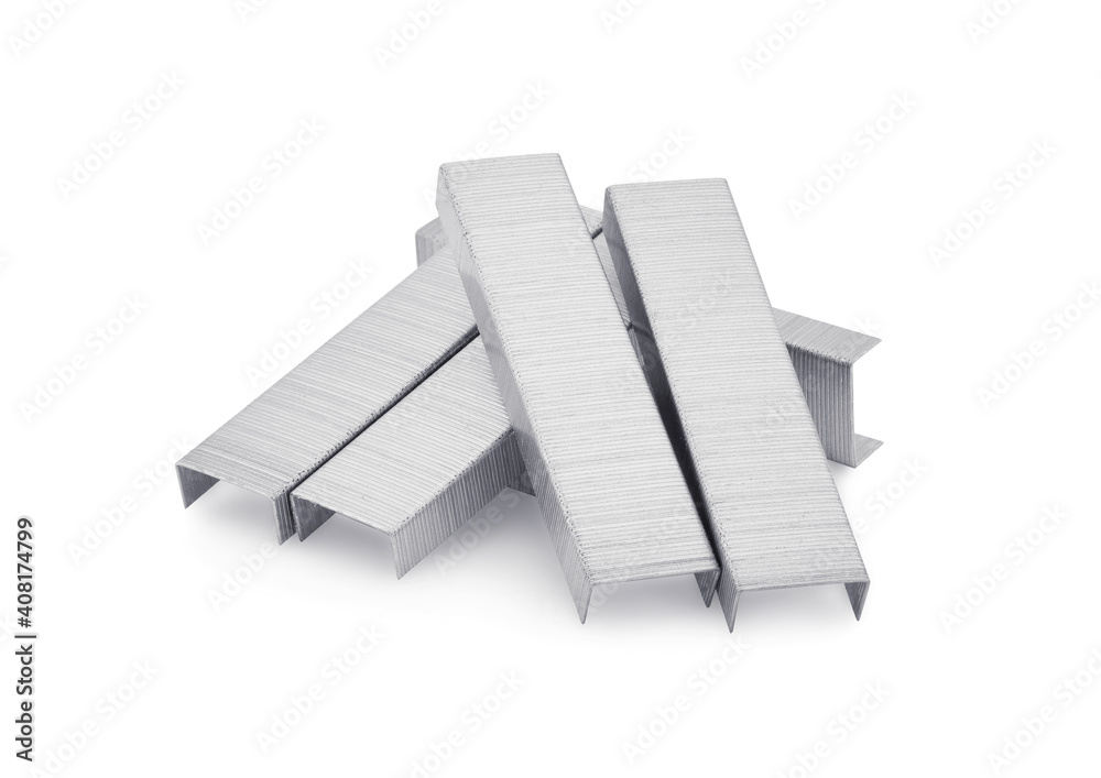 Stack of metal staples isolated on white background. Stack of metal staples isolated on white background.