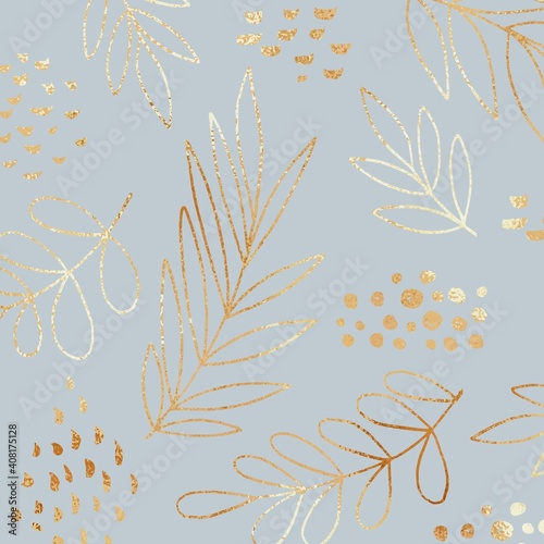 Gold flowers on a blue background. Vector illustration.