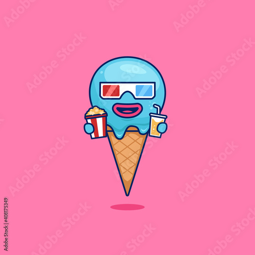 Cute ice cream cone dessert as movie goers mascot character watching movie in cinema illustration in cartoon style