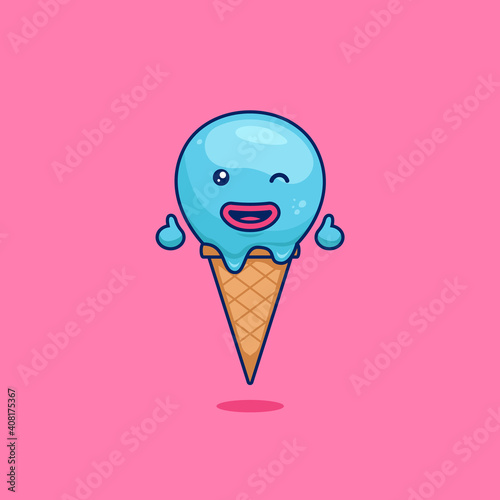 Cute ice cream cone dessert mascot character illustration in cartoon style