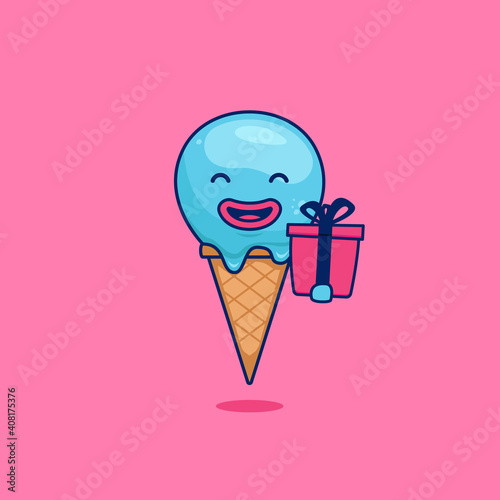 Cute ice cream cone dessert mascot character carry gift box illustration in cartoon style