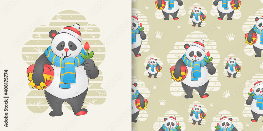 The panda holding the flower and holding a gift on the pattern set